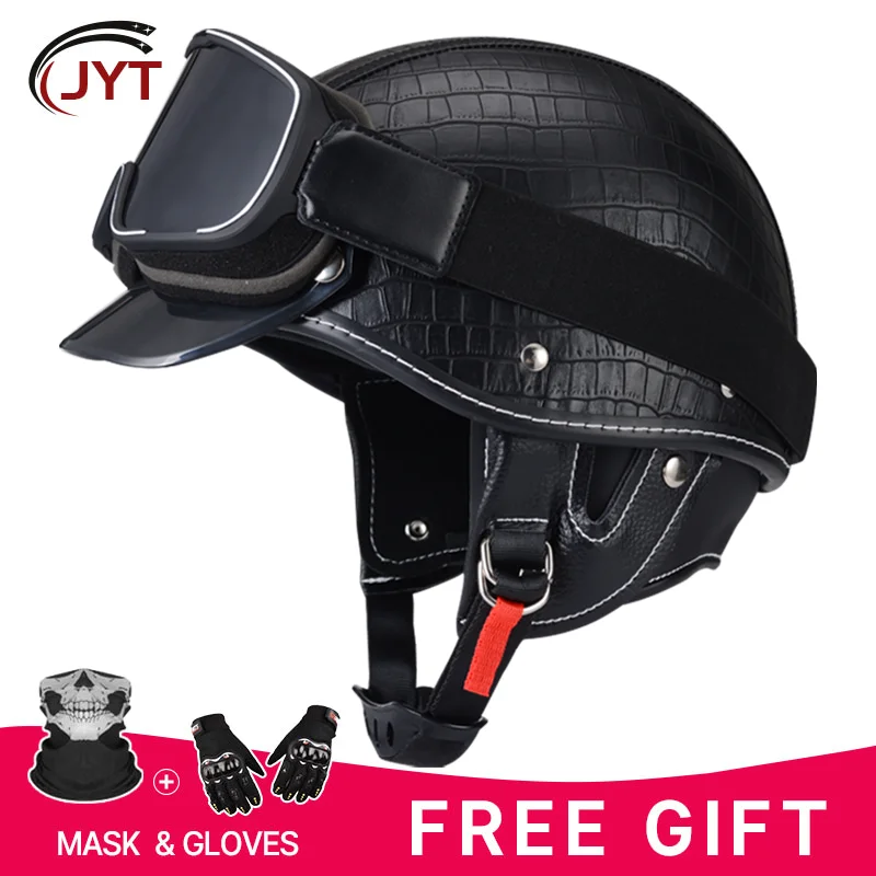 Low Profile Motorcycle Half Helmet for Men Leather DOT Approved All Seasons Scooter Cruiser Moped Open Face Helmets Shell Cap