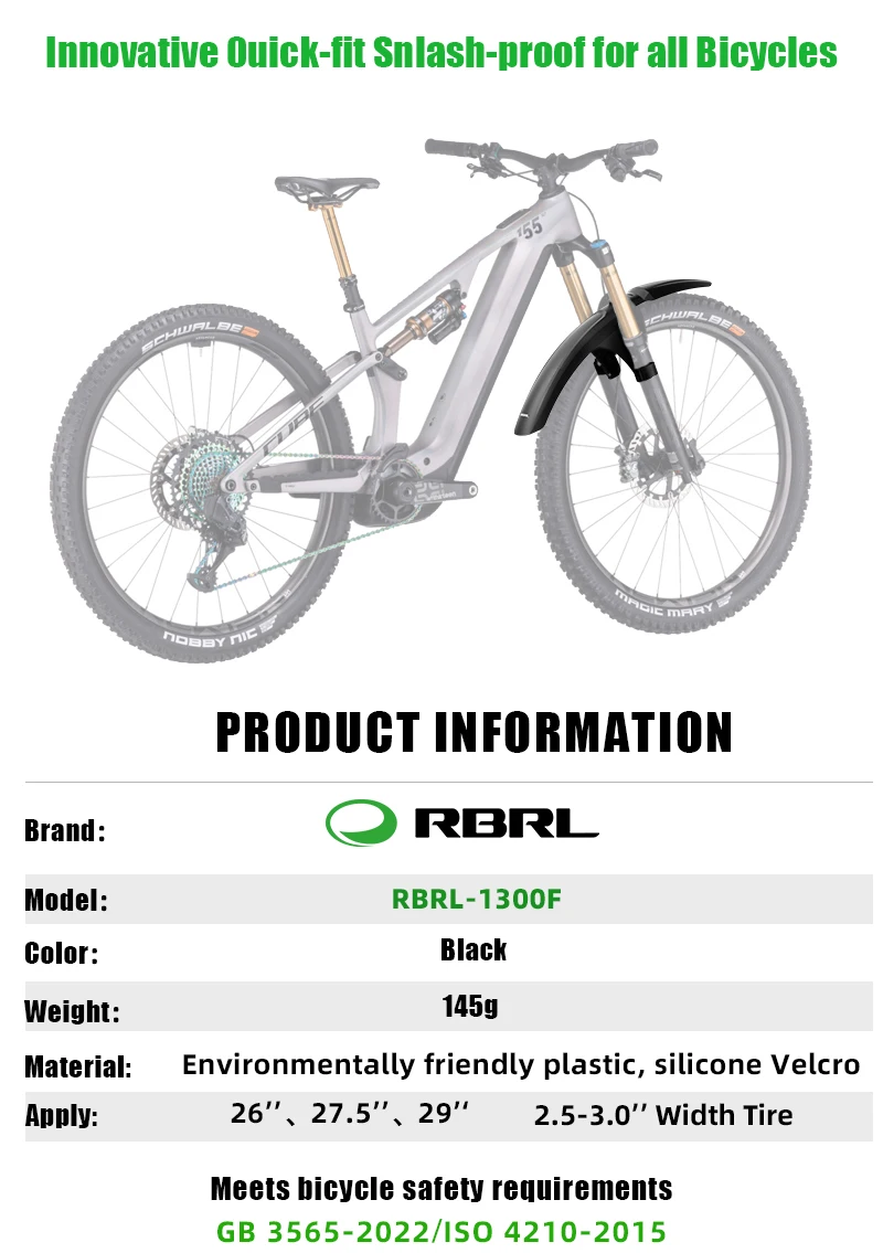 RBRL Fahrrad-Vorderradschutzblech, Vollständige Abdeckung, Kompatibel mit 3-Zoll-Reifen, Spritzwassergeschützter Fahrradschutzblech für MTB und Elektrofahrräder – Detail 1