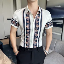 2023 Summer New Fashion Short Sleeve Print Shirt Men Slim Fit Business Social Party Dress Shirts Streetwear Plus Size 6XL-M