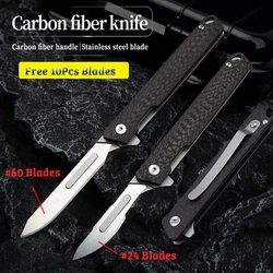 Cuchillo plegable de fibra de carbono para supervivencia al aire libre, cuchillo táctico de autodefensa portátil EDC, campamento de caza, 10 cuchillas gratis #60 #24