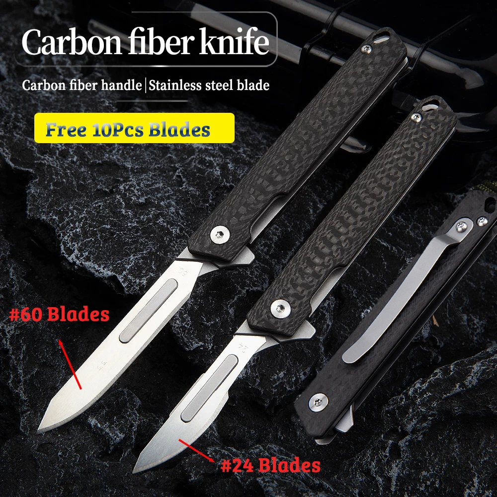 Carbon Fiber Scalpel Folding Knife Outdoor Tactical Survival Hunting Camp EDC Portable Self-defense Knife Free 10 Blades #60#24