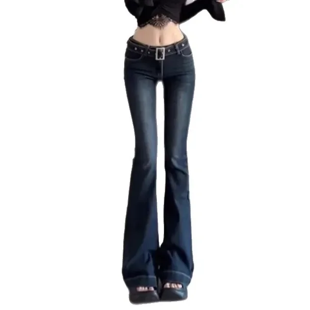 กางเกงยีนส์ทรงบานขากระดิ่งเอวต่ำสไตล์วินเทจสีน้ำเงินสำหรับผู้หญิง สปริง/ออทั่ม สไตล์เรโทร ทรงเข้ารูป สตรีทแวร์