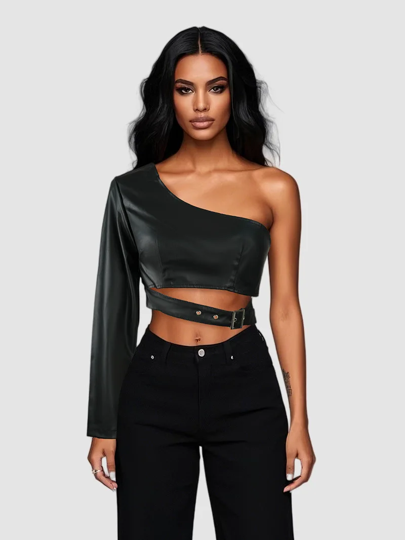 JHJN Chaqueta de cuero PU de un solo hombro sin cuello negra Cultivar el personaje moral Chaqueta corta irregular de baile callejero Rock