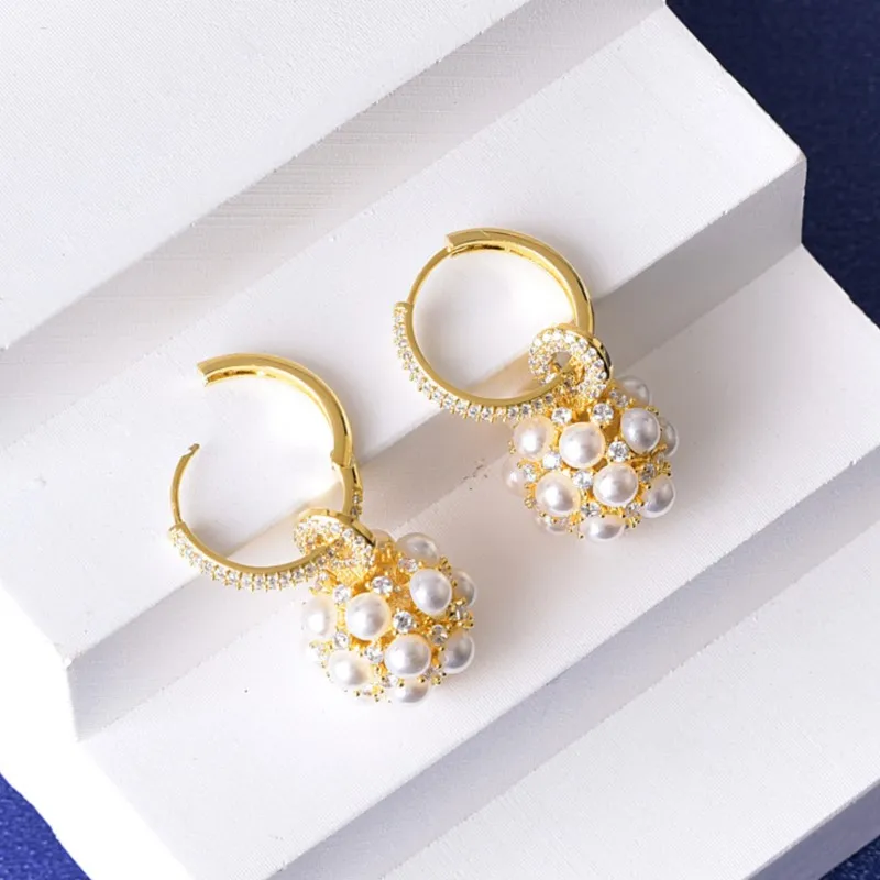 2024 New Trend French Pearl Zircon Hoop Earrings for Women Delicate Summer Fashion Ball Dangle Earring Jewelry Gifts