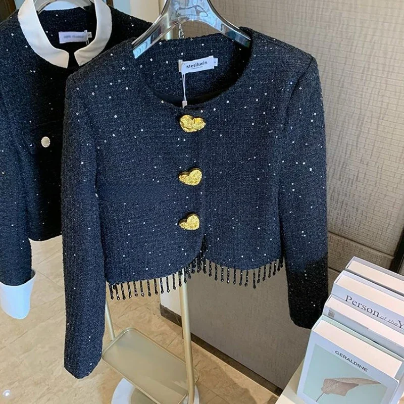 

Luxury Spring Autumn Sequined Blazers Coat Beaded Tassels Woman Suits Cardigan Heart Shaped Buttons Tweed Fringed Jacket OL Tops