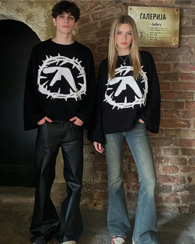 

Мужской свитер в стиле Y2K ретро Aphex Twin Knitt с графическим принтом, оверсайз, свободный крой, готический джемпер, уличная одежда, унисекс, хип-хоп