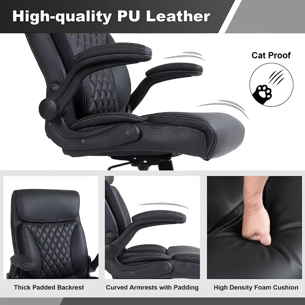 Ergonomic office chair, PU leather computer chair with lumbar support, upturned armrests and adjustable height