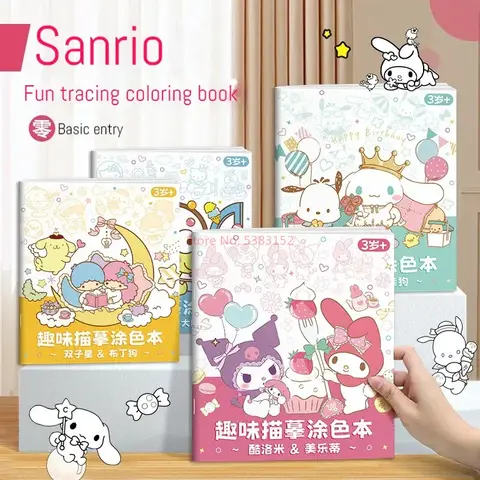 Cuaderno de pintura Sanrio para niños, Kawaii Anime, bocetos, libro de copia para colorear, escuela primaria, borrador de línea de dibujos animados, regalo para colorear