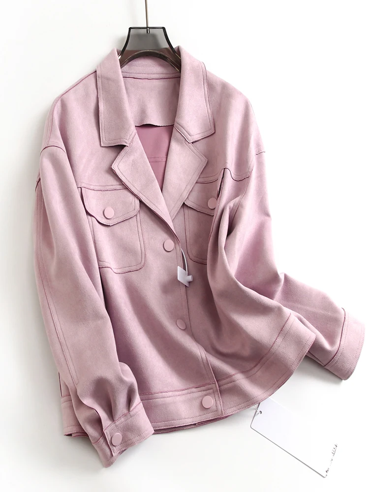 Women Spring Autumn New Long Sleeve Short Coat Purple Matte Suede Lapel Fashionable Casual Style Jacket