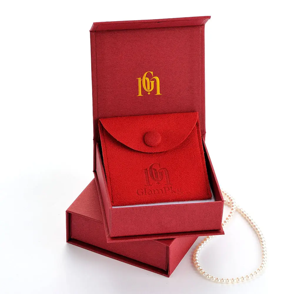 

Custom Logo Black Faux Leather Jewelry Bags, Embossed Snap Bags