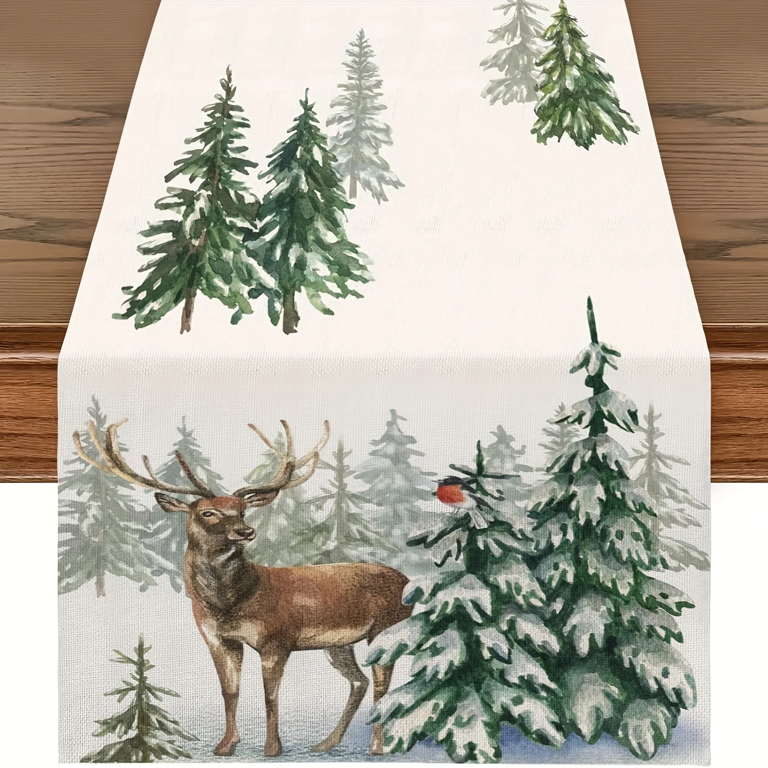 

1 Piece of Winter Forest Themed Table Runner, Watercolor Painted Reindeer, Cedar and Cardinal Pattern on White Background, Suitable for Christmas Home Banquets, Winter Parties, Pastoral B&Bs, Literary Cafes, Home Decorations, Handicraft Markets, Natural T