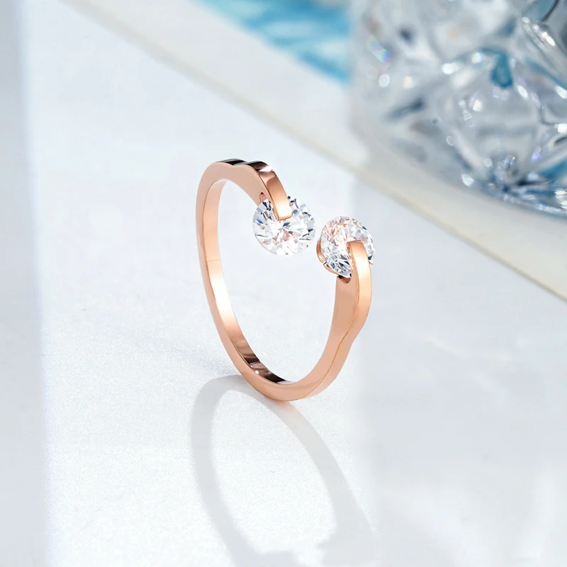 Shining Double Crystal Ring Stainless Steel High Quality Luxury Brand Gold Color Jewelry For Women Holidays Or Birthday Gift