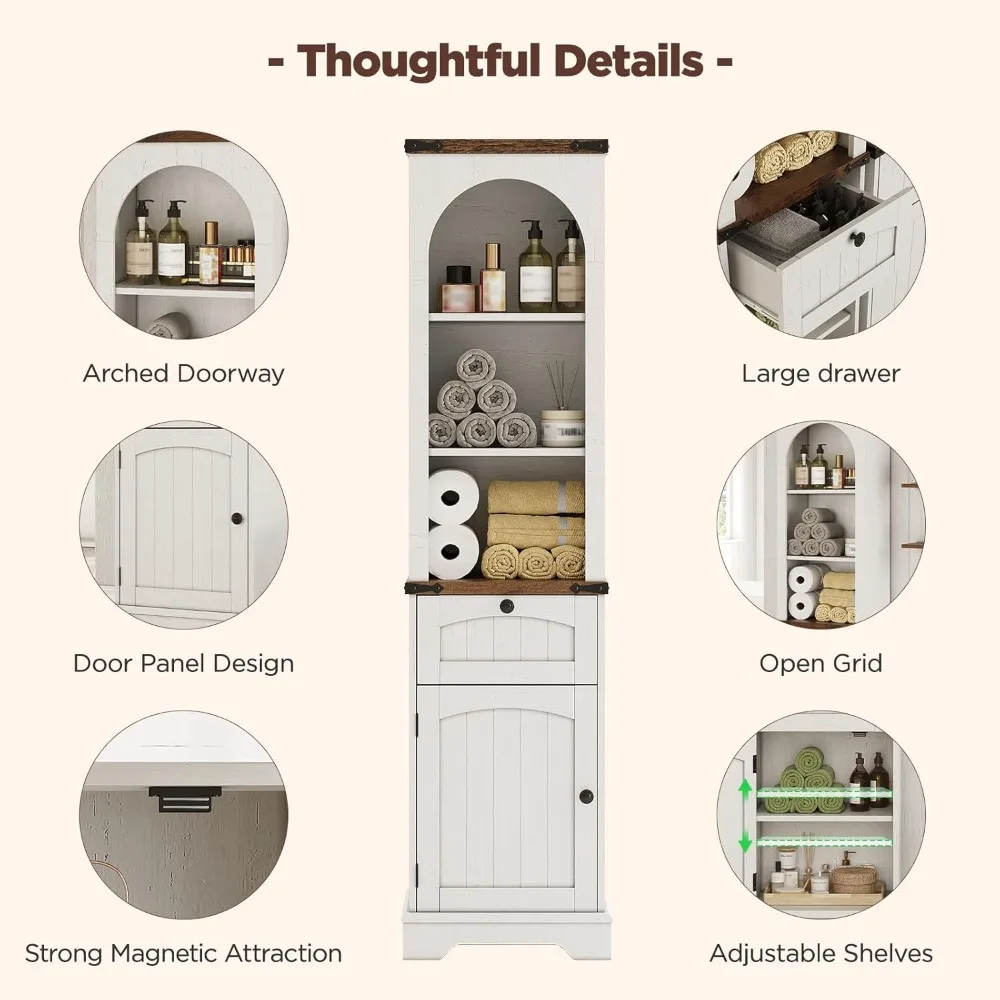 خزانة تخزين الحمام مقاس 69 بوصة، خزانة تخزين طويلة لبيت المزرعة، خزانة برجية ضيقة مقوسة قائمة بذاتها مع أرفف ودرج،