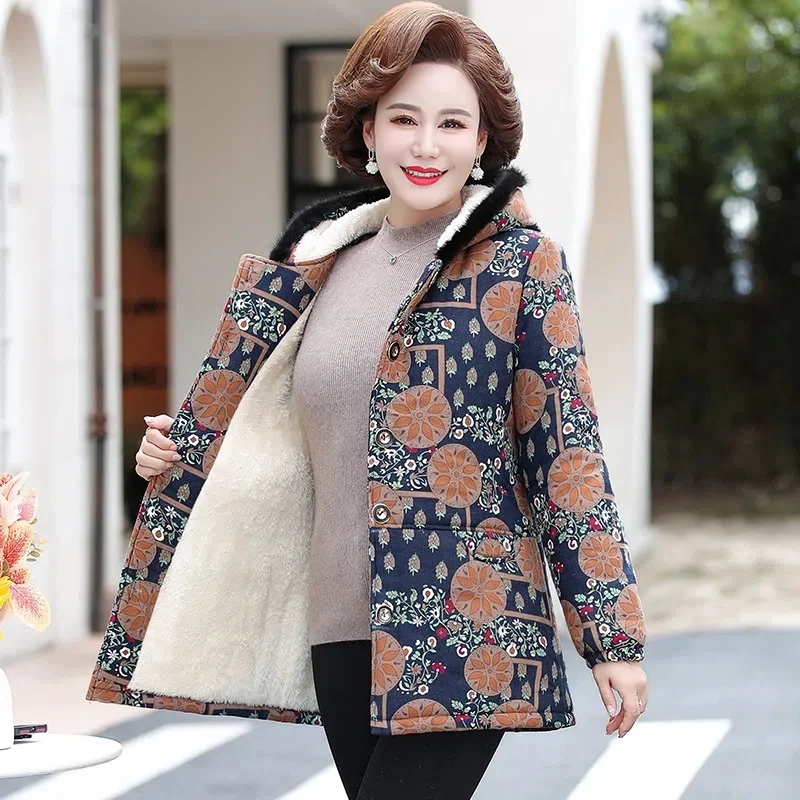 

Middle-aged Elderly Women's Wear With Cashmere Padded Coat Coat Middle-Aged Winter 2022 Grandma Cotton Jacket Printed Commuting