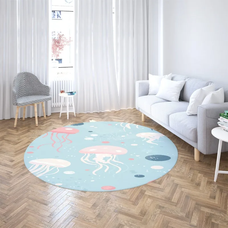 Cartoon Jellyfish Under Sea Round Rug Anti-slip Floor Mat Ocean Animal Print Carpet For Playroom Bedroom Sofa Side Decor Mat