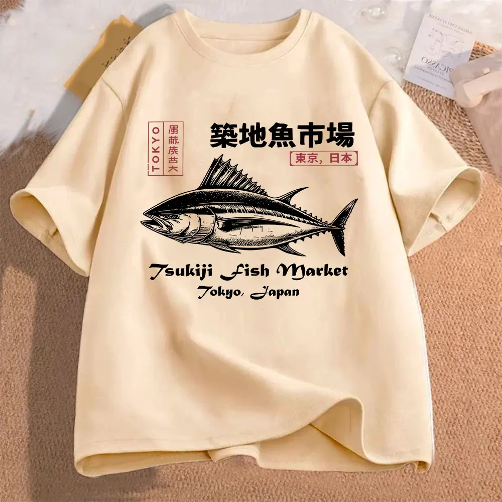 Japanese Tsukiji Market Funny Fish Merch T-Shirts Mens Clothing Fashion Oversized T Shirt Unisex Summer O-Neck Short Sleeve Tees