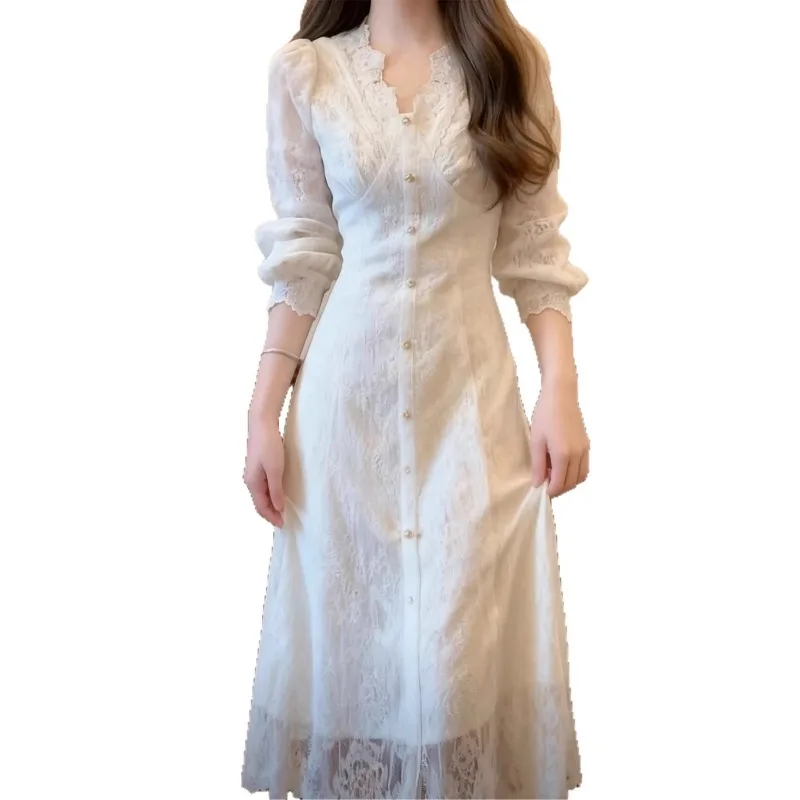 

Новое винтажное кружевное платье 2026 года для женщин, однобортное, А-силуэт, элегантное, с рукавами-лотос, модное макси-платье