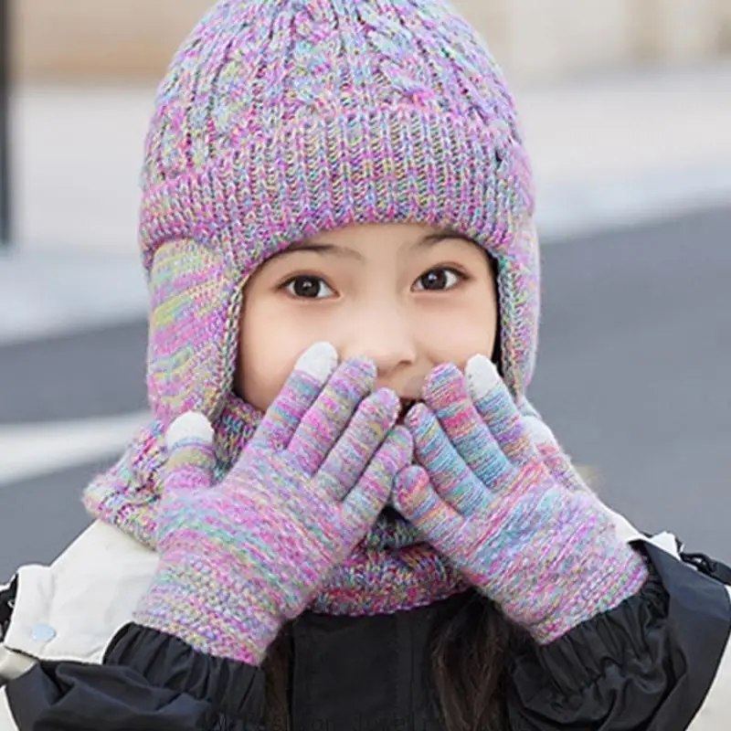 D0UB Kids Winter Neck Gaiter Gloves Set Soft Acrylic Multi Color Option Windproof Outdoor Gears For Cold Climates
