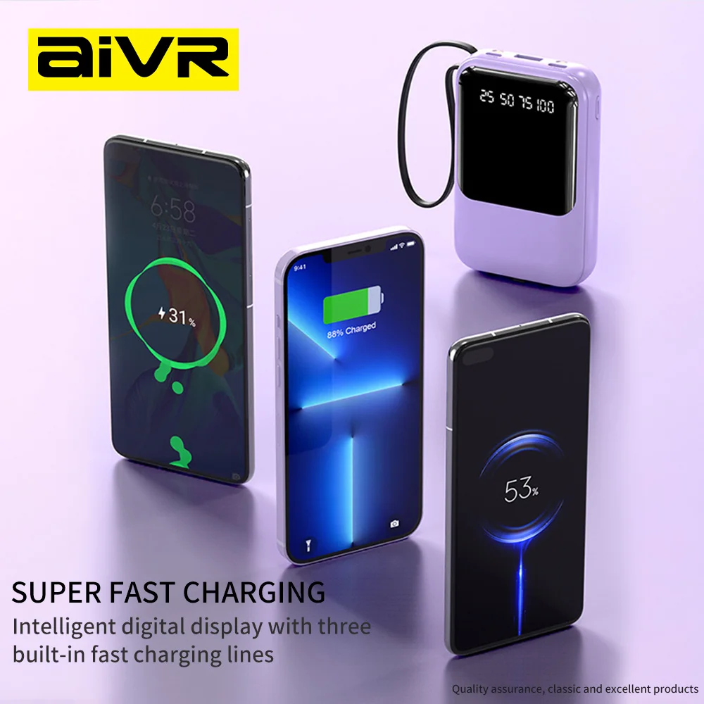 AIVR Mini Power Bank 10000mAh With 4 Cable Mobile Phone External Battery Charger for iPhone Samsung Huawei Xiaomi NEW