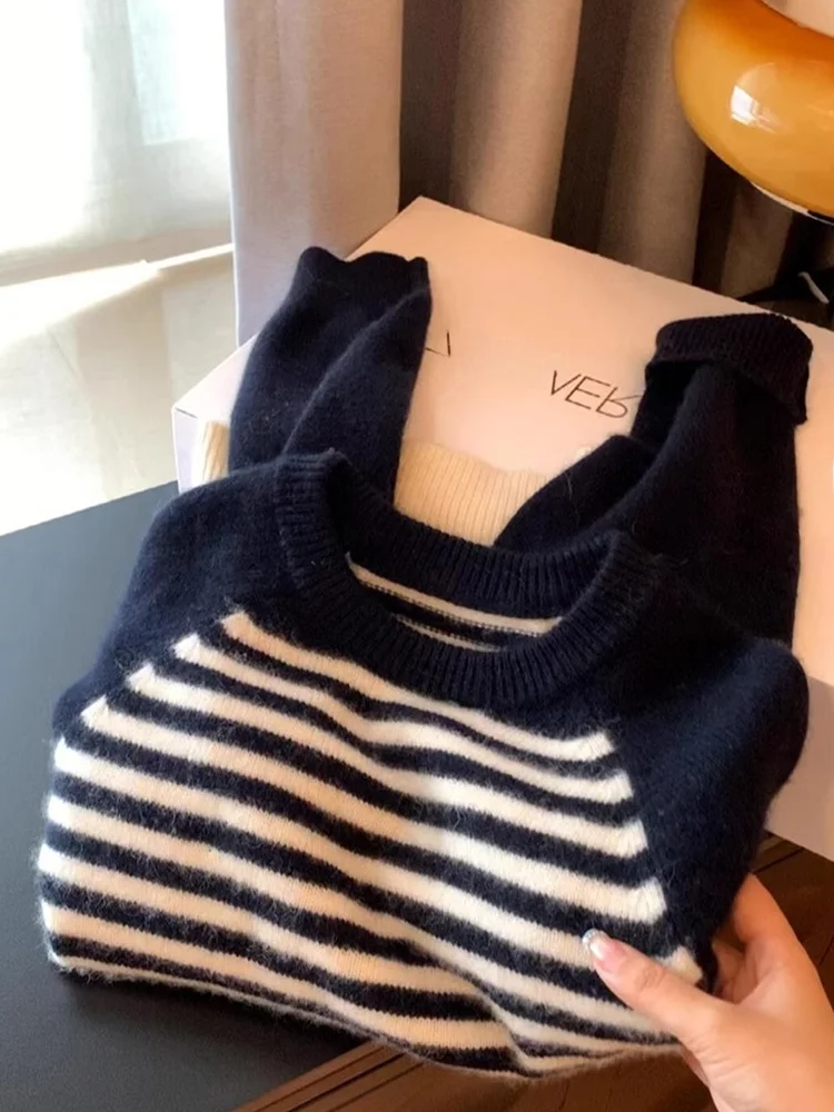 

Длинный свитер Camere в полоску с круглым вырезом Ne, вязаный топ, антивозрастной, универсальный женский модный свитер для поездок на работу