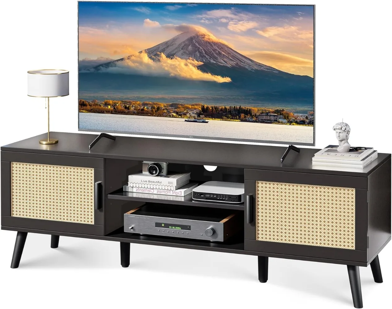 

55 Inch TV Stand,Entertainment Center with Adjustable Shelf,Rattan TV Console with 2 Cabinets,Media Console,or Living Room,Black