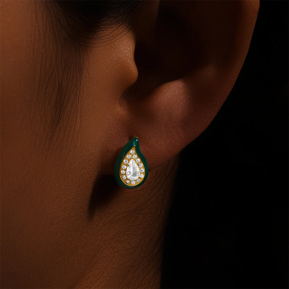 CANNER S925 Silver Retro Stud Earrings For Women'S Medieval French Light Luxury Teardrop Shaped Dripping Oil Zircon Earrings