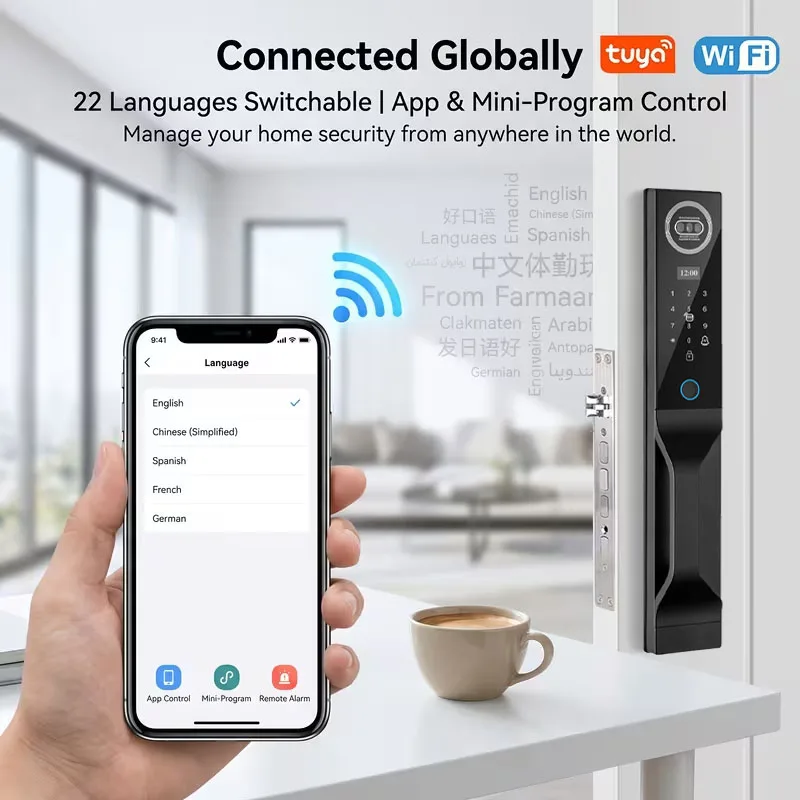 1pc 3D Facial Recognition Palm and Fingerprint Lock, Automatic Video Intercom Smart Door Lock, Home Electronic Password Smart Lock, Supports Conversion Between 22 Languages, Black