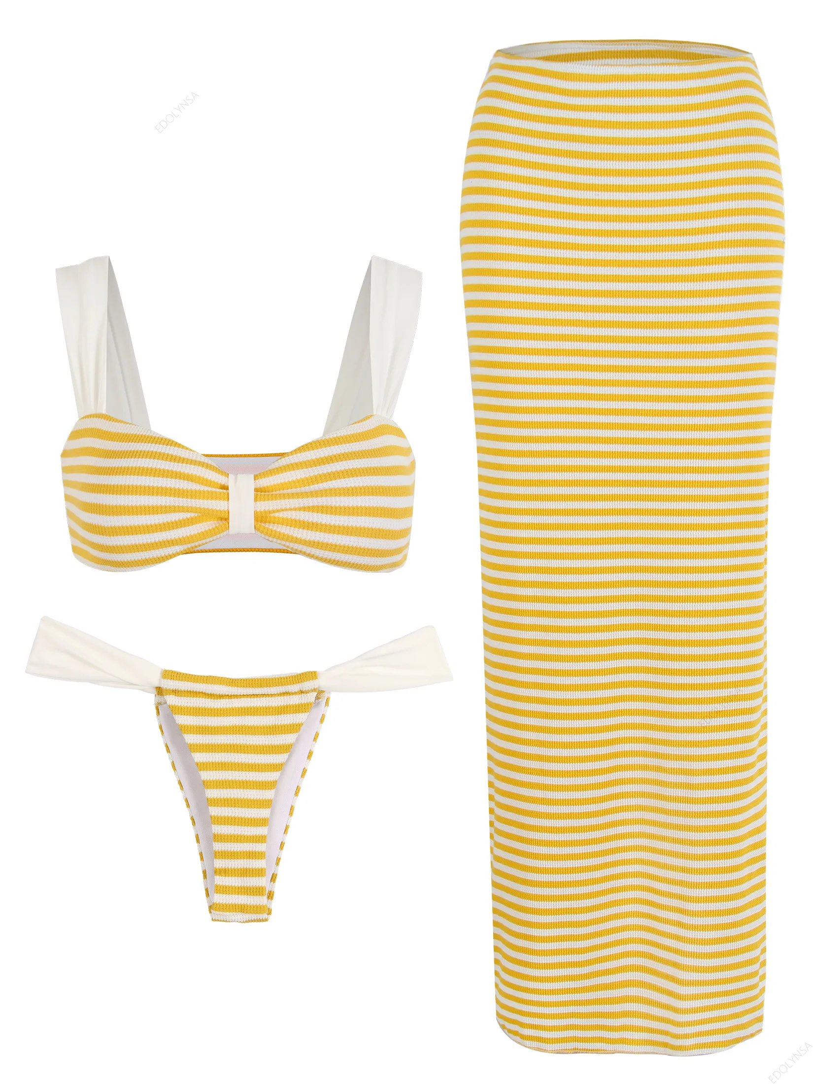 Conjuntos de Bikini de 3 piezas para mujer, traje de baño Sexy de punto con rayas amarillas, traje de baño elástico, falda larga, Bikini de cintura alta K188 2025