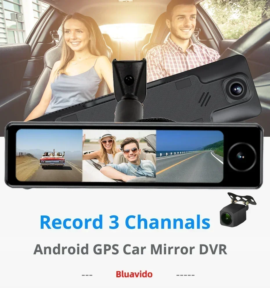 Bluavido 4G Android 10 Car Mirror Dashcam 3 Cameras GPS ADAS BSD 2G RAM+32G ROM FHD 1080P Video Recorder 24H Parking Monitor DVR