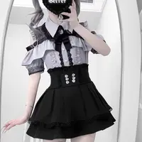 Dark Sweet Heart Ground Type Lolita Set, Ruffle Sleeve Top & A-line Skirt, Cute Kawaii Japanese Style Gothic Coord Outfit S-XL - Image 5
