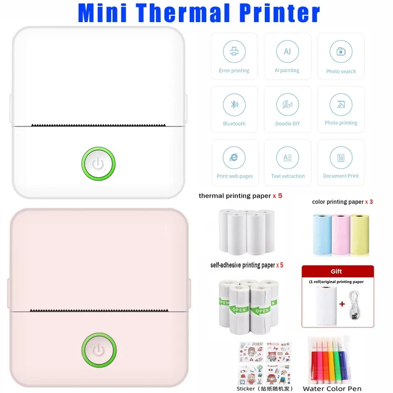 Portable Mini Printer Wireless Thermal Pocket Printers Self-Adhesive Paper for DIY Diary Stickers Quick Printing Conveniently