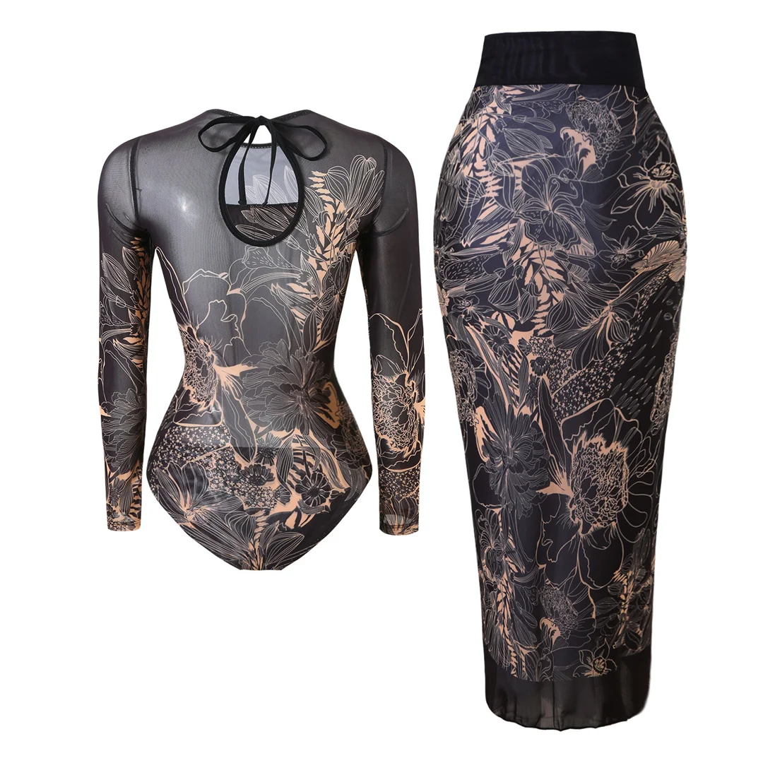 S - XXL, bedruckter, langärmeliger Badeanzug mit Sarong, einteiliger Badeanzug für Damen, Damen-Bademode, Blumenmuster, gepolsterter Badeanzug, Badebekleidung, Modell V7181. – Detail 17