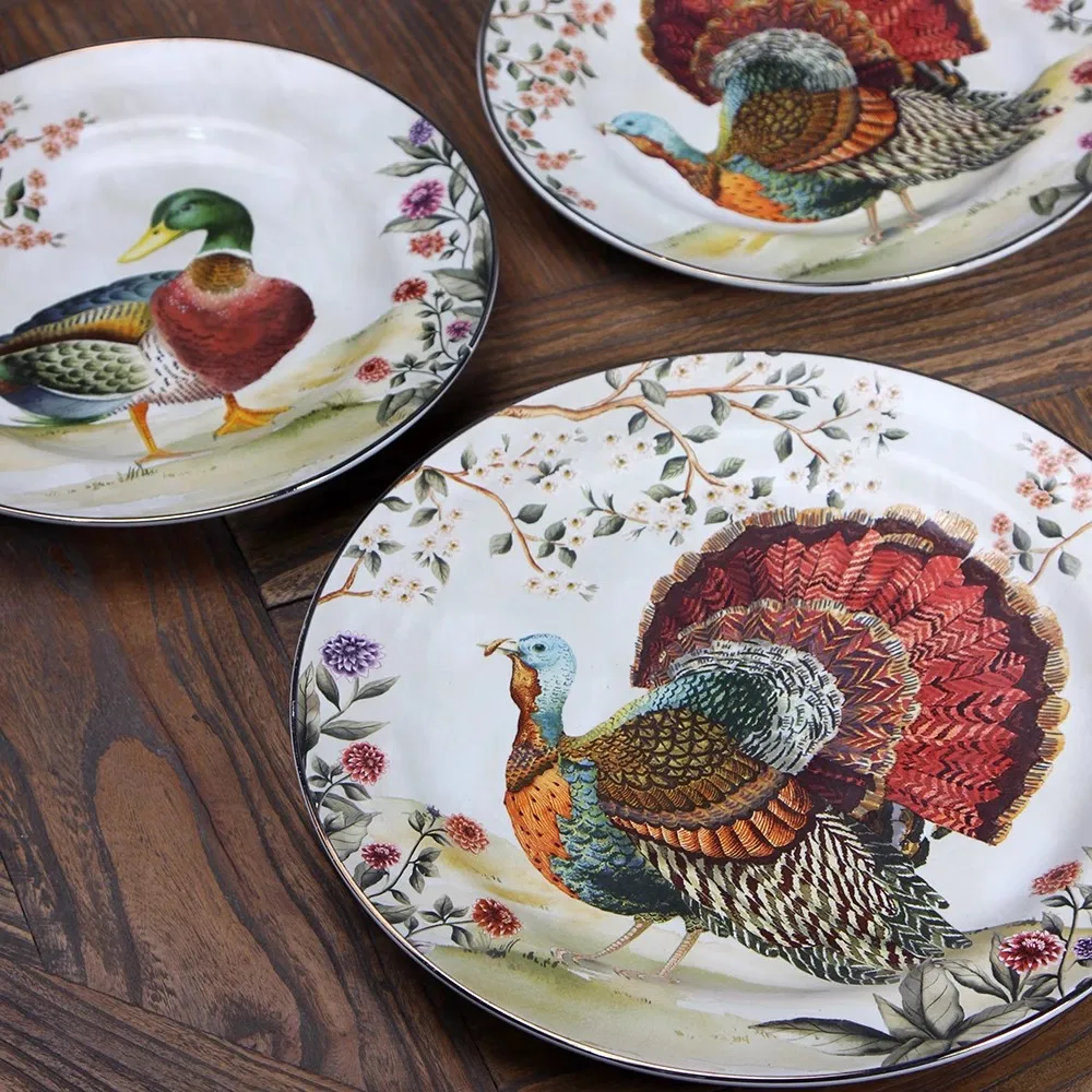 Rework Golden Edge High Temperature Ceramic Oil Painting Effect Duck Turkey Country Style Texture Dinner Plate Decorative Dish