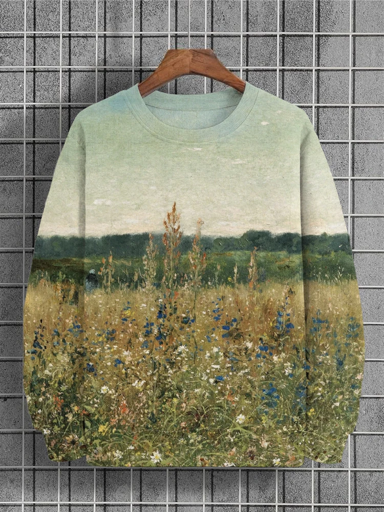 2024 New spring Autumn casual men's tops field landscape oil painting prints art long-sleeved round-neck men's loose sweatshirt