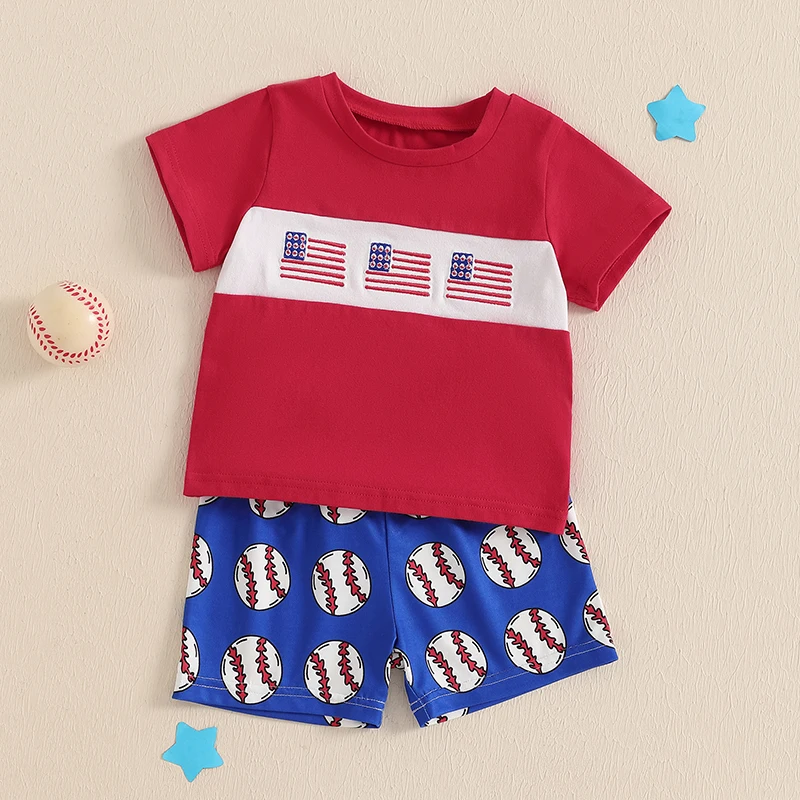 Children s Summer Ensemble Patriotic Short Sleeve Tee with American Flag Design and Matching Baseball Print Shorts