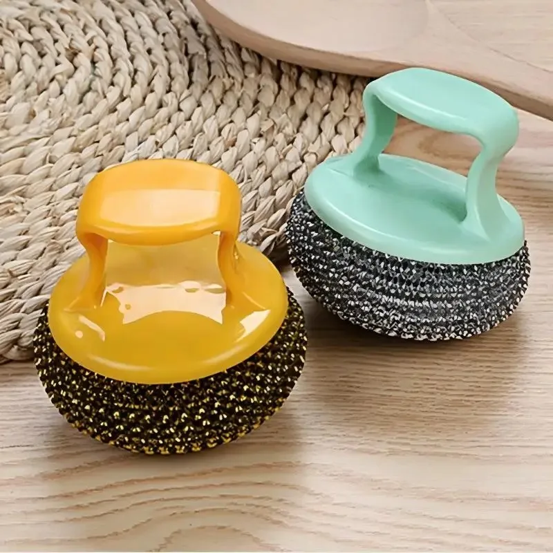 1/3/5 Pcs Steel Wire Cleaning Ball with Handle Interchangeable Head Does Not Damage The Pot Kitchen Cleaning Pot Washing Brush