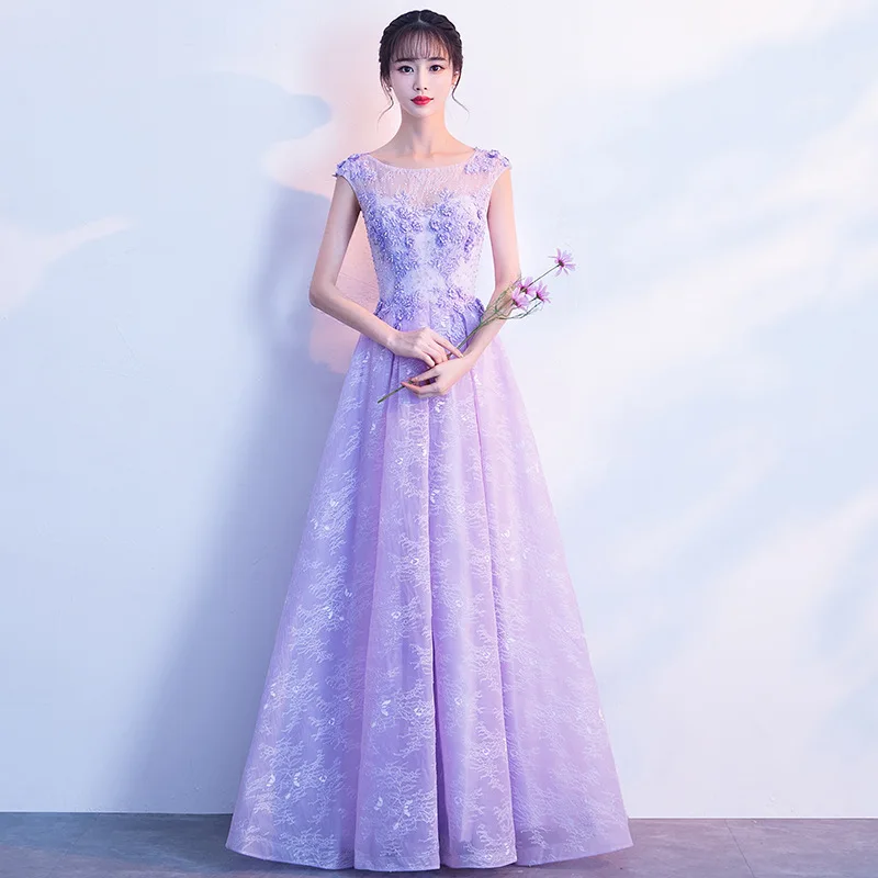 Lilac Purple Long Bridesmaid Dress Lace 3D Flower Women Scoop Neck Wedding Ceremony Dress A Line Long Formal Evening Party Gowns