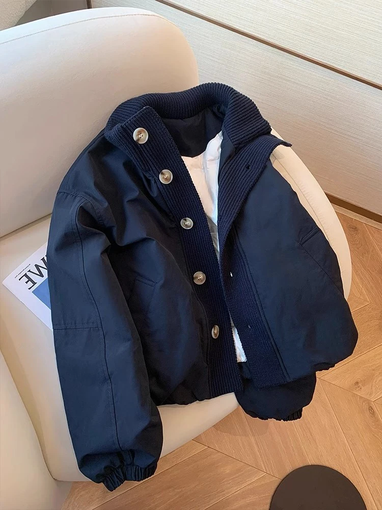 

Loose Bread Style Coat Women's Autumn Winter Special Blue Knitted Patchwork Stand Collar Cotton Jacket Korean Version