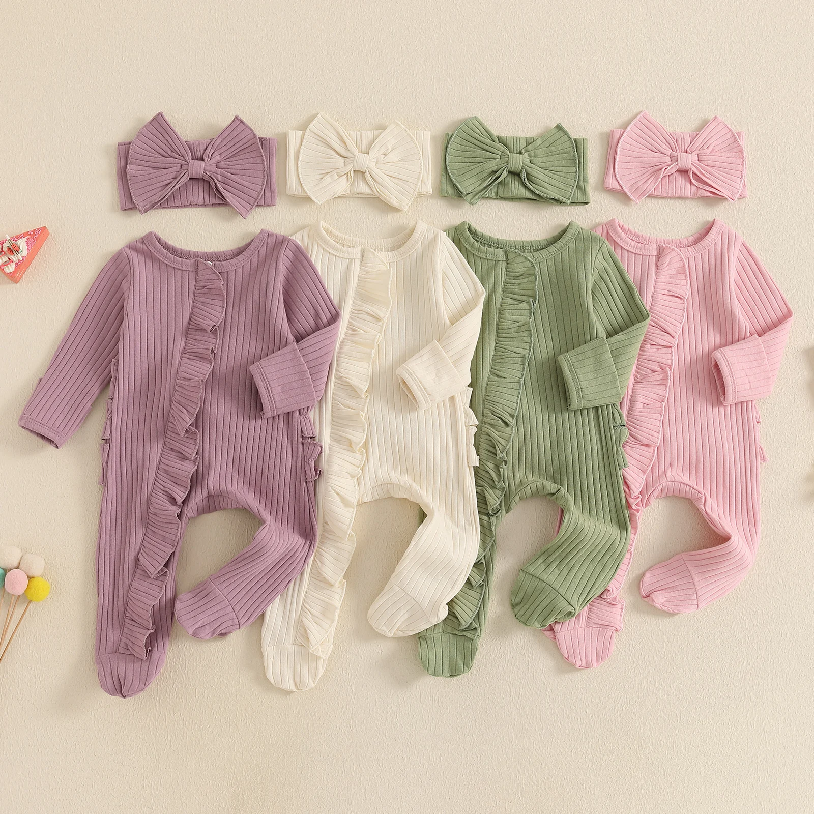 Newborn Girl Fall Outfit Solid Ribbed Ruffle Trim Long Sleeve Zipper Front Footed Jumpsuit Bow Headband 2-częściowy zestaw