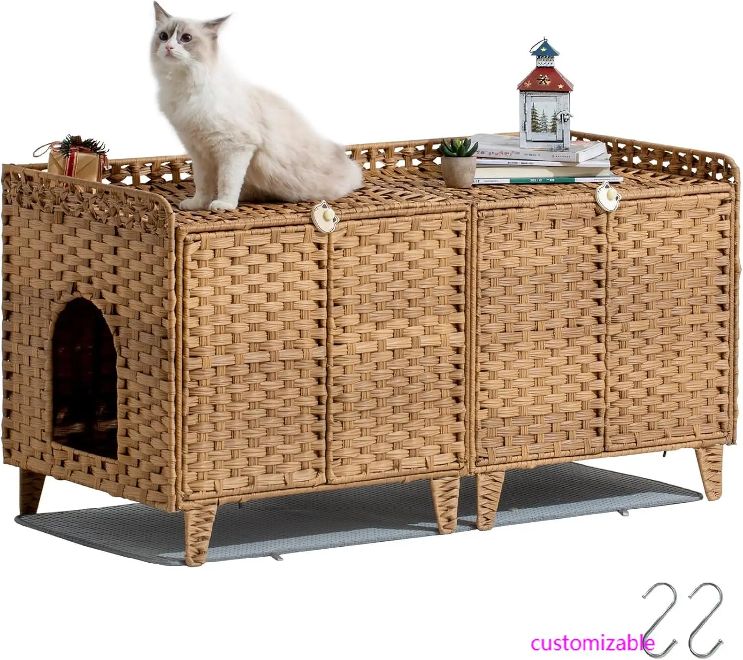 حاوية صندوق نفايات القطط لقططين، أثاث صندوق نفايات مزدوج مع حصيرة فضلات، بيت قطط كبير مخفي من الروطان مع مزدوج