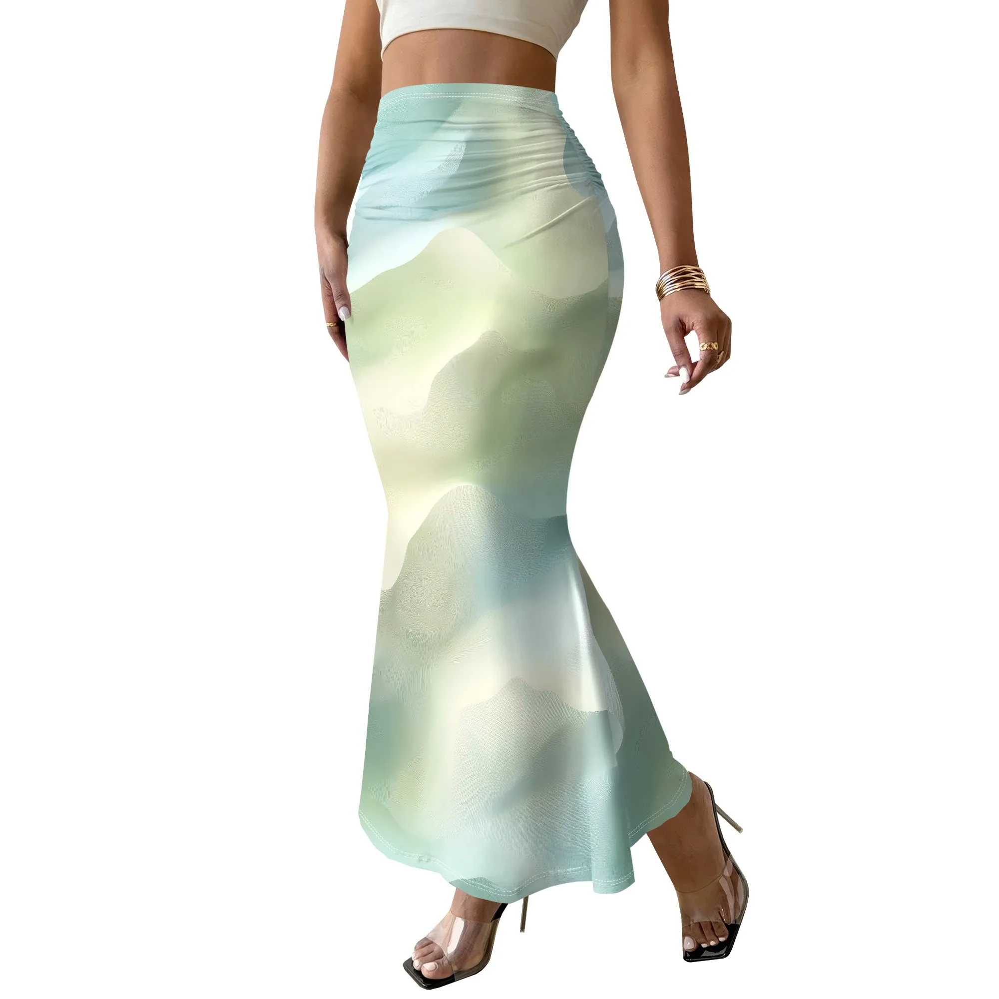 Mint Abstract Print Mermaid Skirt, Gradient Color Bodycon Midi Skirt, Elastic Waist Summer Beach Wear, S-2XL