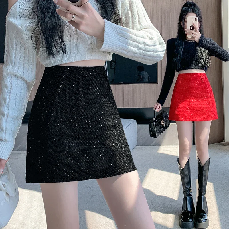 

Bright silk skirt for autumn and winter 2024, high waist, slim figure, anti glare A-line skirt, short skirt