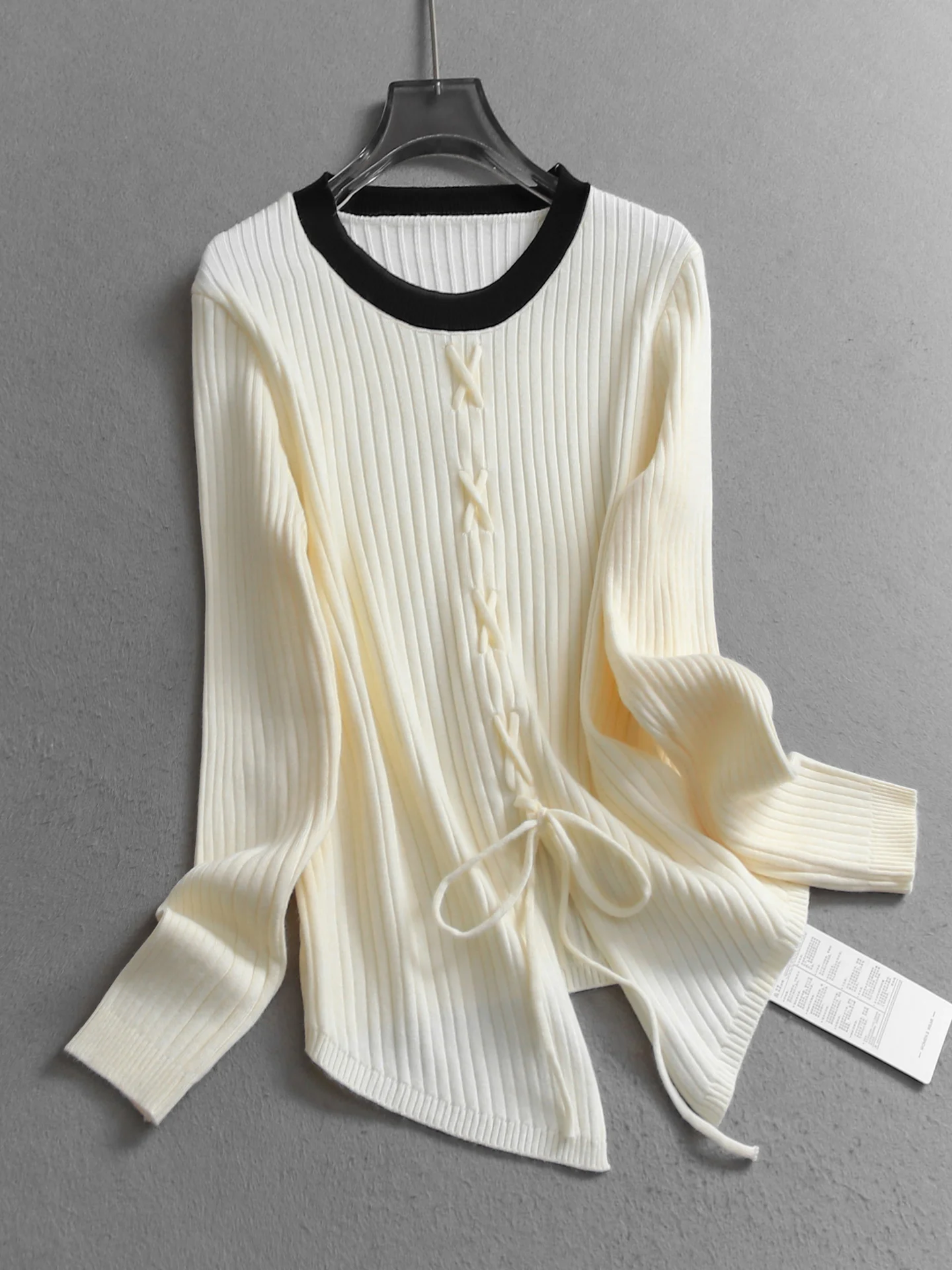 

Color Block Slim Fit Long Sleeve Knitted Sweater Women's Base Layer Top Knot Tied Bottoming Soft Blend Casual round Neck