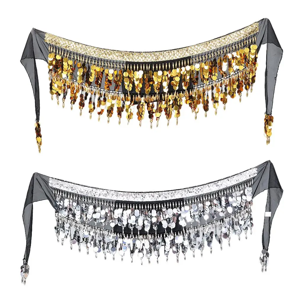 Sequin Tassel Belly Dance Hip Scarf Chiffon Skirt Wrap for Women Latin Oriental Dance