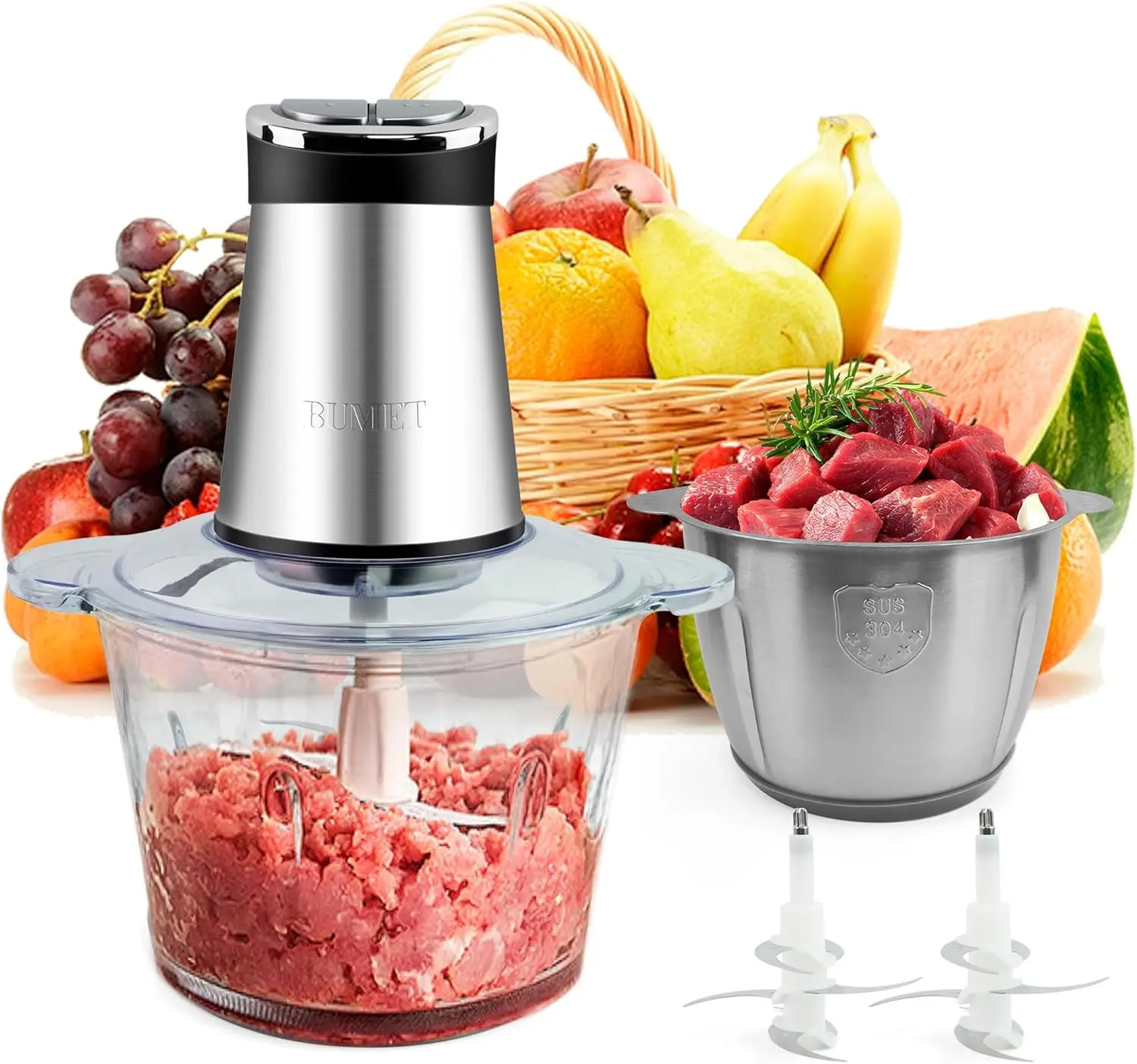 800W Electric Food Processor with LED Timer, 2X12-Cup Bowls, 3-Tiered Blade for Mincing and Chopping