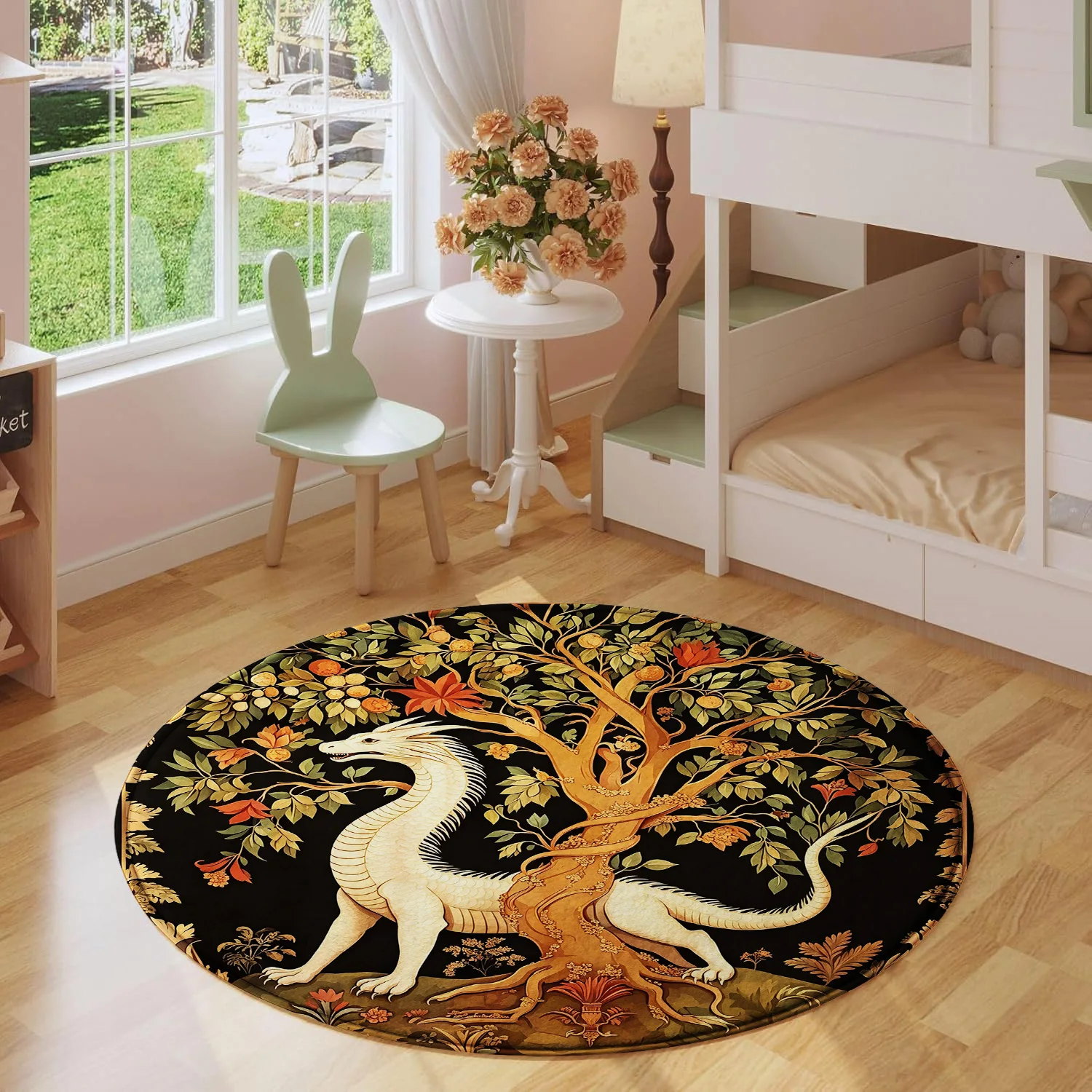 Vintage Dragon Tree of Life Round Rug - Medieval Tapestry Style Circle Floor Mat for Living Room Bedroom Home Decor
