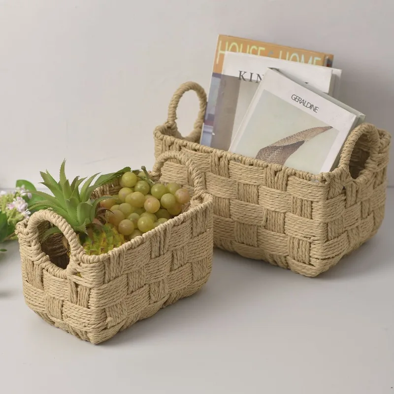 

2pcs Creative Paper Rope Woven Basket Desktop Sundries Organizer Fruit Vegetable Storage Basket