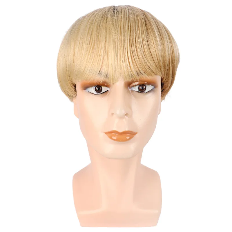 Synthetic Short Brown Bowl Cut Men's Wig Fashionable Breathable Cosplay Daily Use Heat Resistant Stylish Male Hairpiece