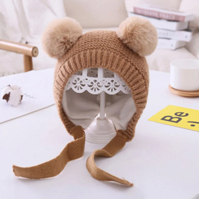 Double Pompom Baby Hat Warm Knitted Kids Girl Boy Autumn Winter Bonnet Hat Solid Color Ear Protection Children Beanie Cap Unisex