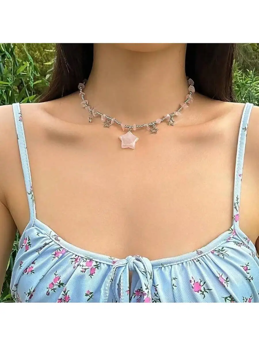 

Star Charm Choker Necklace Y2K Style Pink Crystal Pendant Fashion Jewelry For Women